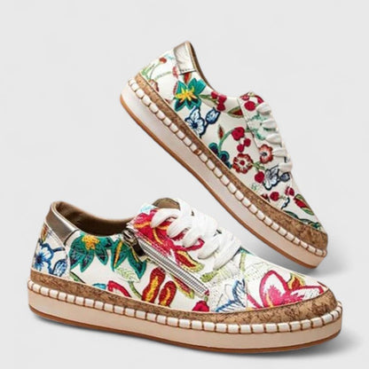 Women's Floral Sneakers Cork Sole Lace-Up Platform