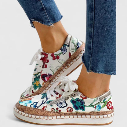Women's Cute Floral Lace Up Sneakers with Cork Insole - VibreMode