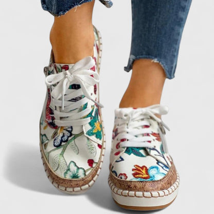 Women's Cute Floral Lace Up Sneakers with Cork Insole