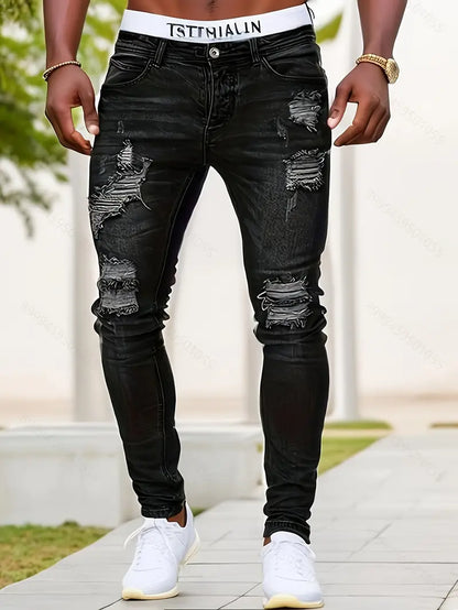 Men's Ripped Skinny Jeans Distressed Denim Dark Blue