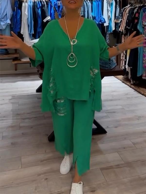 Relaxed Fit Women's 2 Piece V Neck Top and Pants