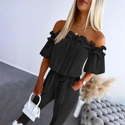 Elegant Cold Shoulder Ruffle Waist Jumpsuit
