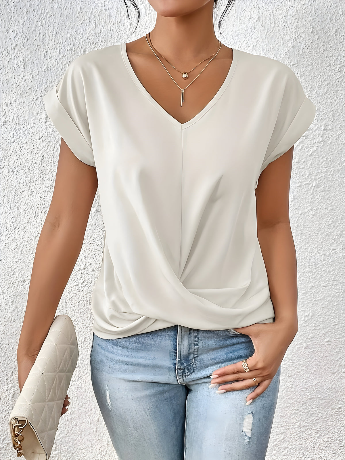 Chic V Neck Twist Front Ladies Summer Tee