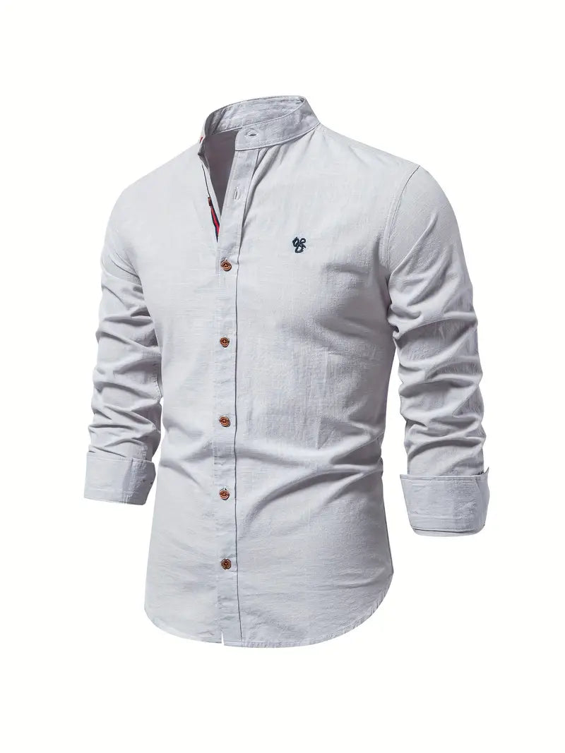 Men's Long Sleeve Button Shirt Band Collar White - VibreMode