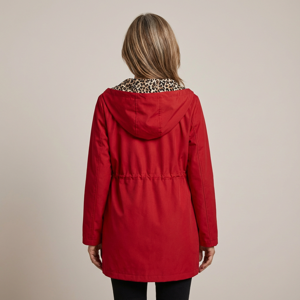 Red coat with leopard print hood 