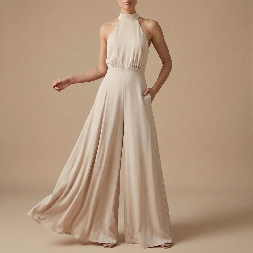 Women's Halter Neck Jumpsuit Wide Leg Tie Back Detail