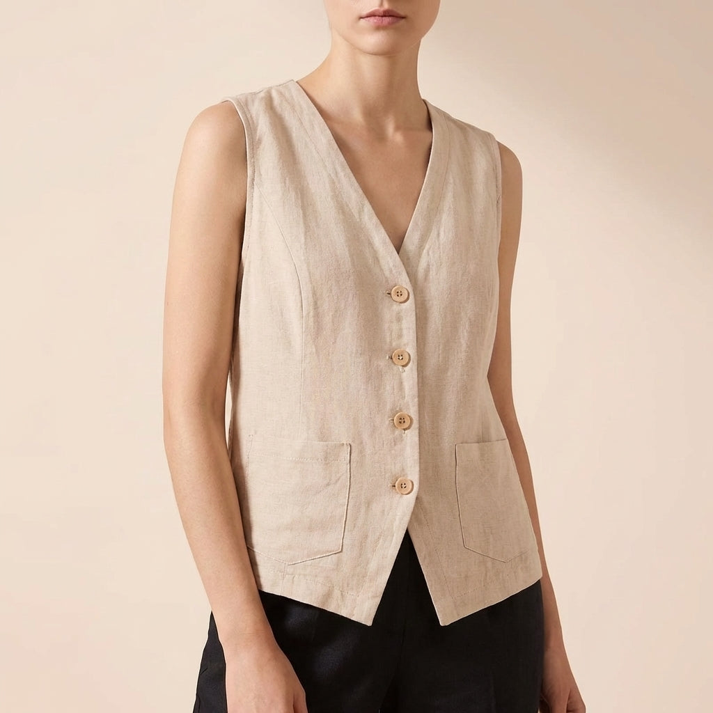 Women's Relaxed Fit Vest Cotton Contrast Trim Patch Pockets