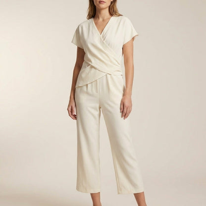 Women's Relaxed Jumpsuit V-Neck Wide Leg Cropped