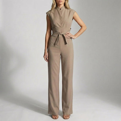 Women's Wide Leg Jumpsuit Ankle Length Mock Neck Beige - VibreMode