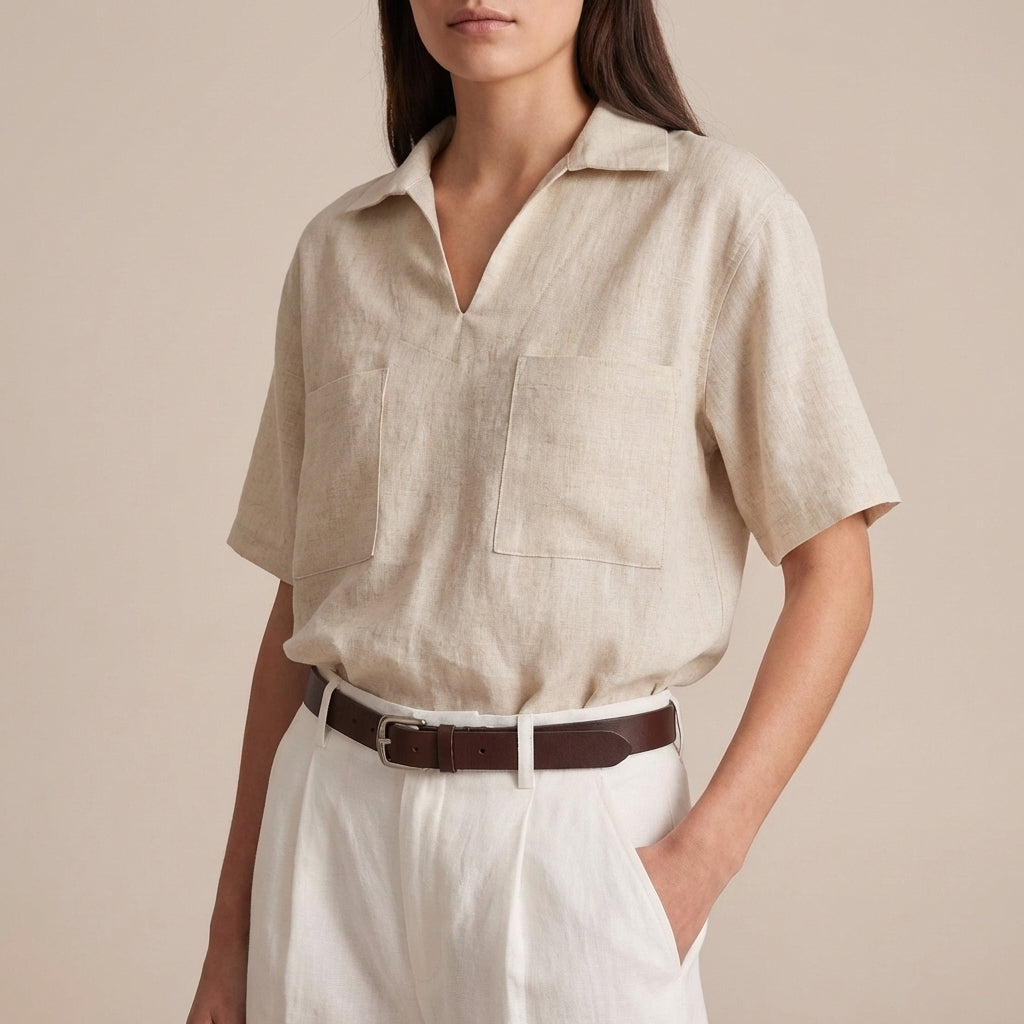 Relaxed Fit V-Neck Casual Shirt with Patch Pockets