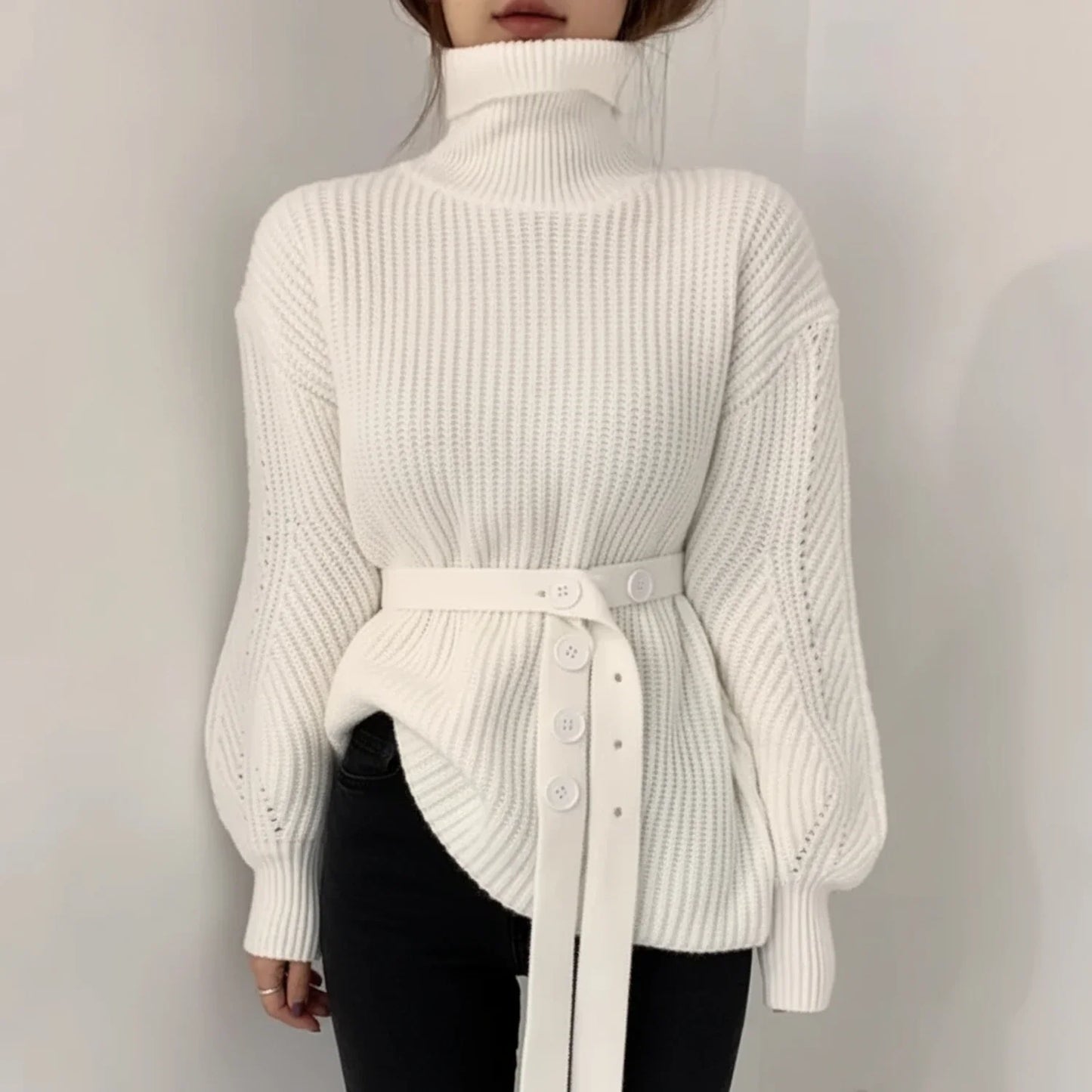 Women's Belted Turtleneck Wool Sweater