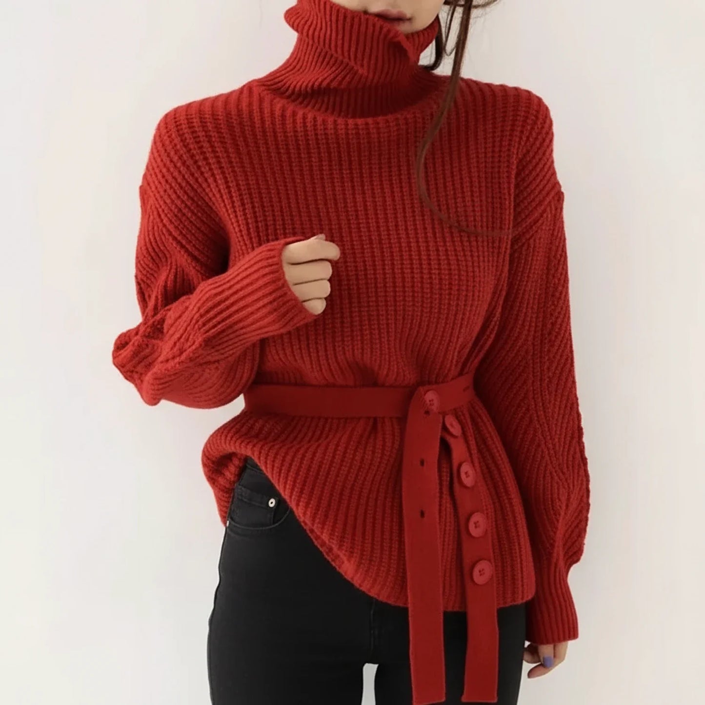 Women's Belted Turtleneck Wool Sweater