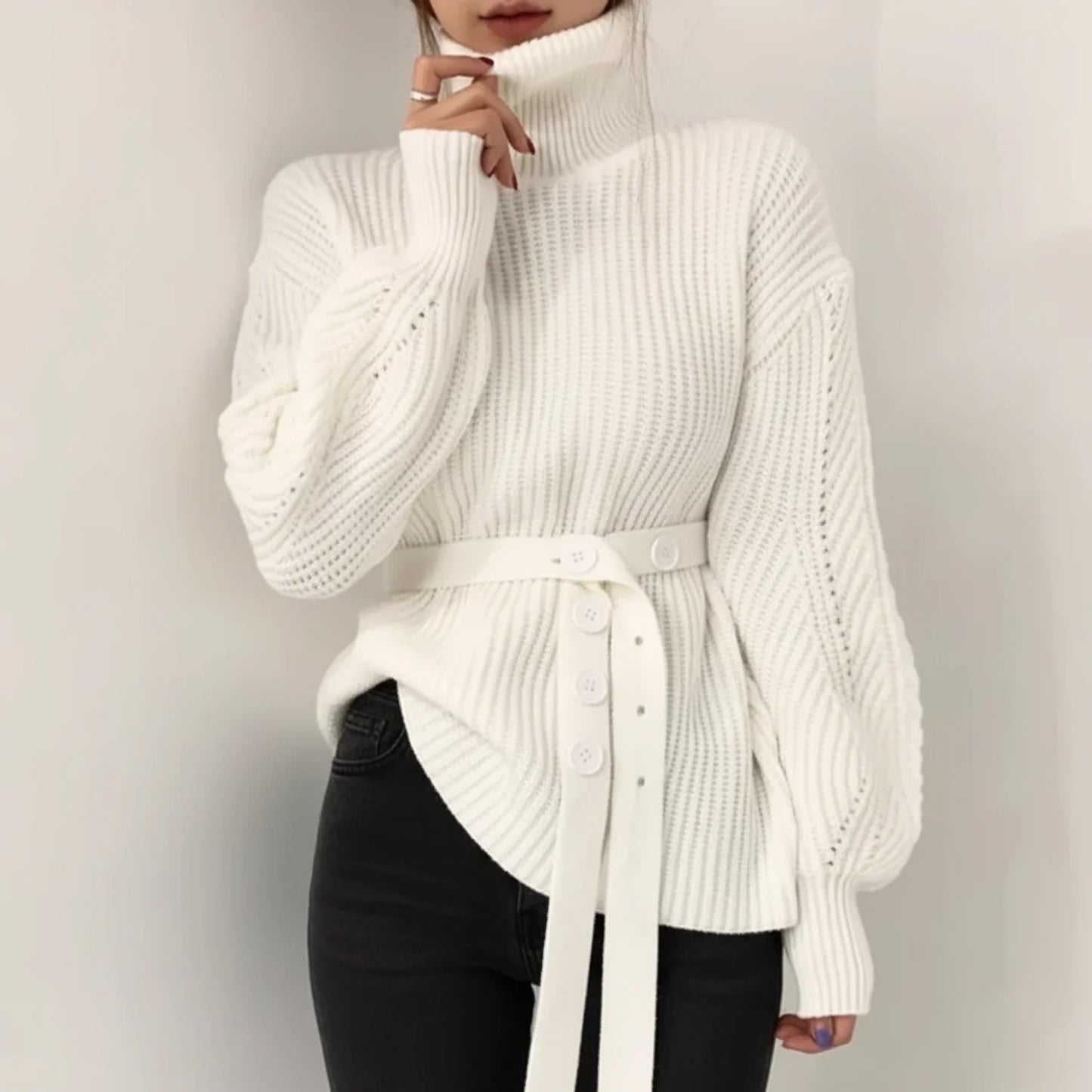 Women's Belted Turtleneck Wool Sweater