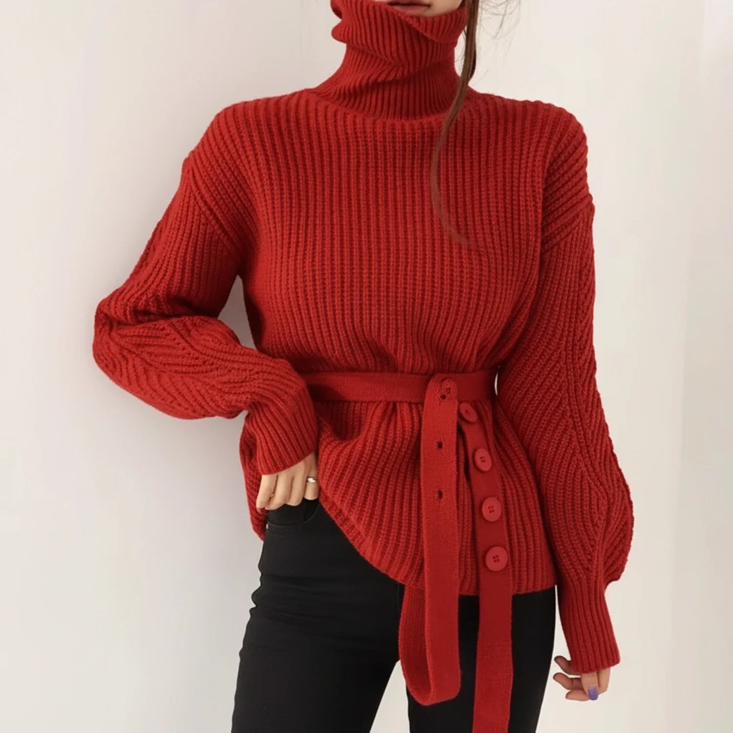 Women's Belted Turtleneck Wool Sweater - VibreMode