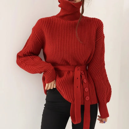 Women's Belted Turtleneck Wool Sweater - VibreMode