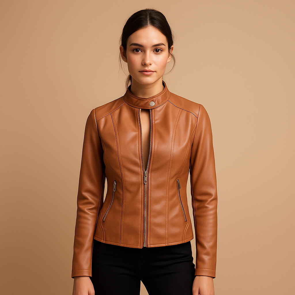 Woman wearing a biker style jacket for women with a sleek silhouette, symmetric zipper, and silver hardware, styled for casual and elegant looks.