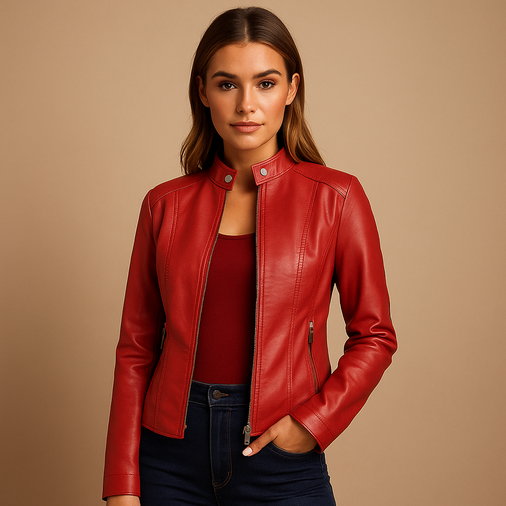 Woman wearing a biker style jacket for women with a sleek silhouette, symmetric zipper, and silver hardware, styled for casual and elegant looks.