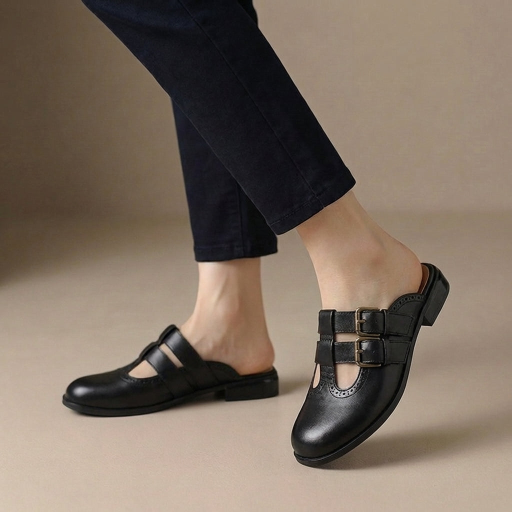 Women's Slip-On Mule Heels Double Buckle Brogue Detail Brown