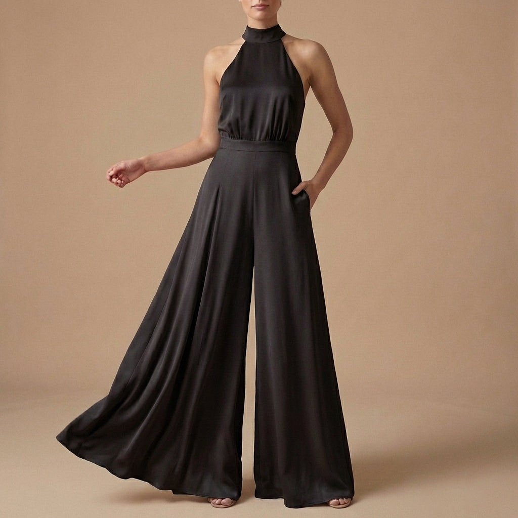 Women's Halter Neck Jumpsuit Wide Leg Tie Back Detail