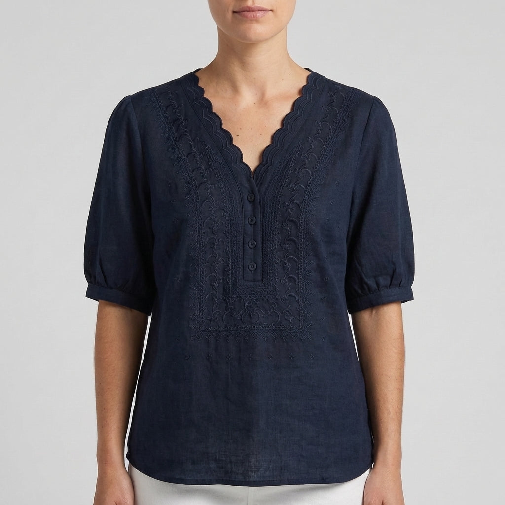 Chloe Women's Relaxed V-Neck Blouse Embroidered White