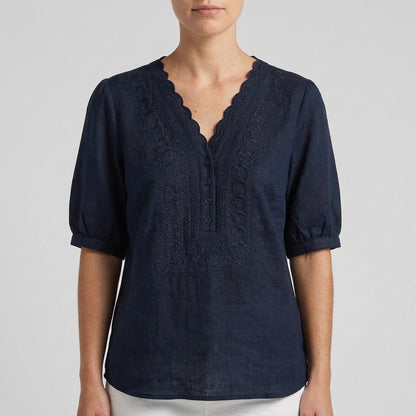 Chloe Women's Relaxed V-Neck Blouse Embroidered White