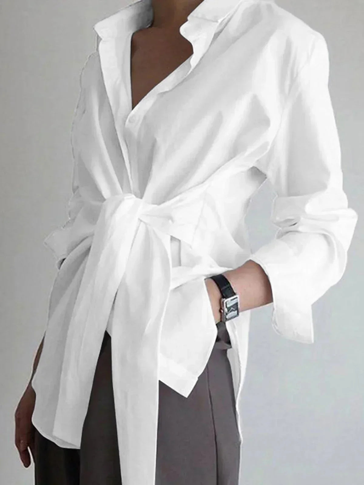 Women's Oversized Long Sleeve Shirt With Tie Waist - VibreMode