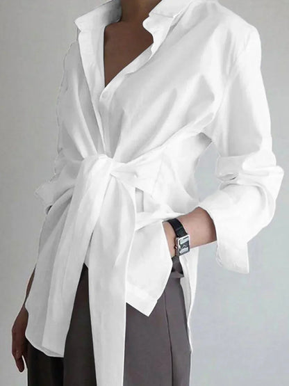Women's Oversized Long Sleeve Shirt With Tie Waist - VibreMode