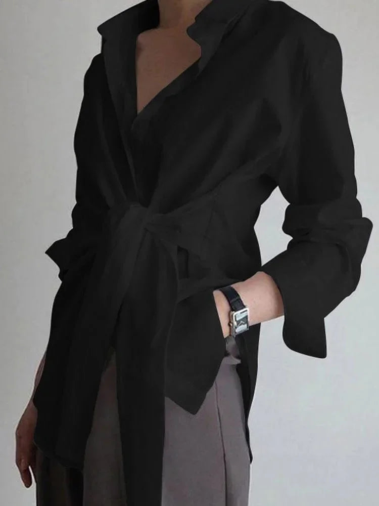 Women's Oversized Long Sleeve Shirt With Tie Waist