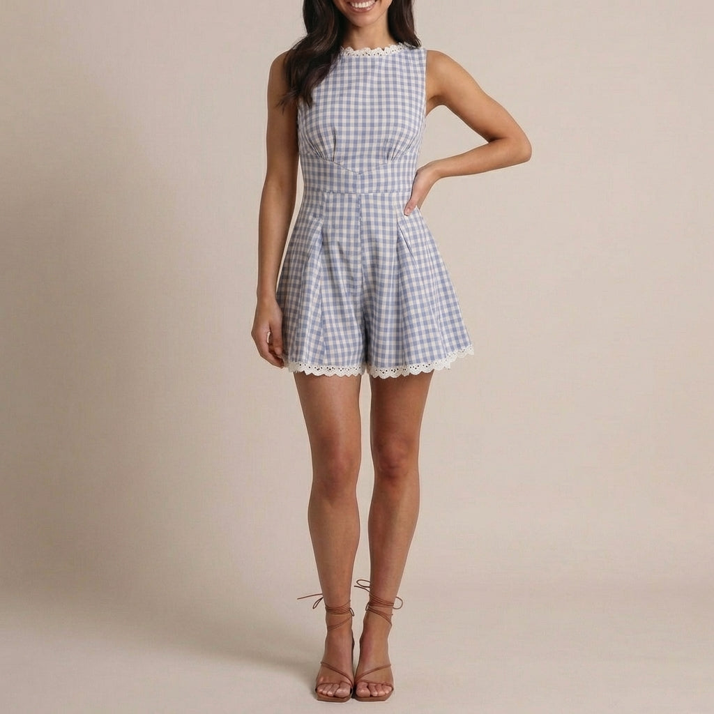 Women's Plaid Sleeveless Mini Jumpsuit - VibreMode
