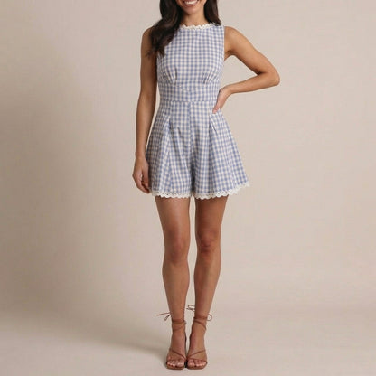 Women's Plaid Sleeveless Mini Jumpsuit - VibreMode