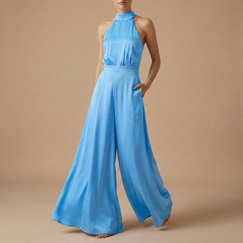 Women's Halter Neck Jumpsuit Wide Leg Tie Back Detail - VibreMode