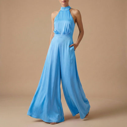 Women's Halter Neck Jumpsuit Wide Leg Tie Back Detail - VibreMode