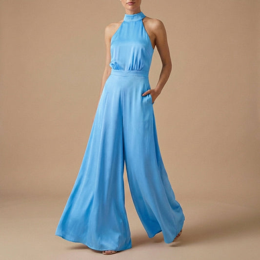 Women's Halter Neck Jumpsuit Wide Leg Tie Back Detail - VibreMode