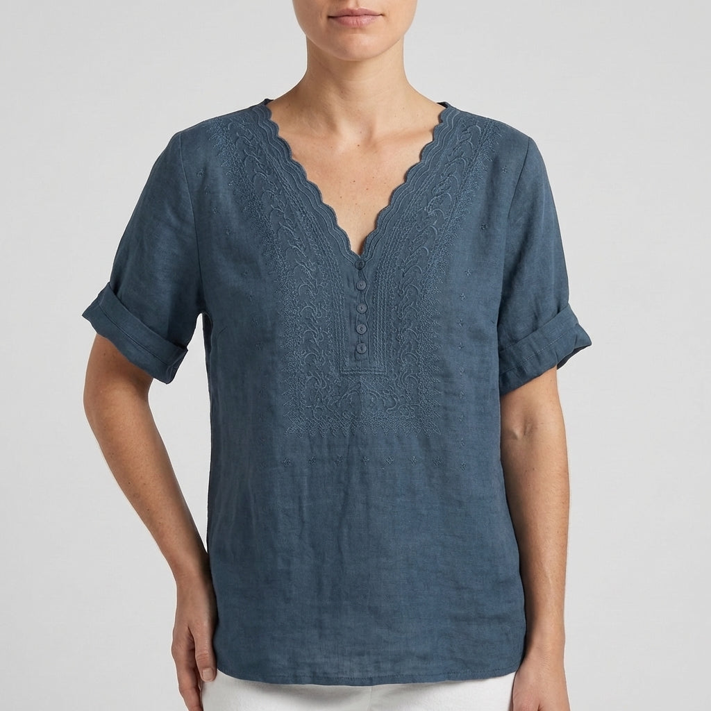 Chloe Women's Relaxed V-Neck Blouse Embroidered White - VibreMode