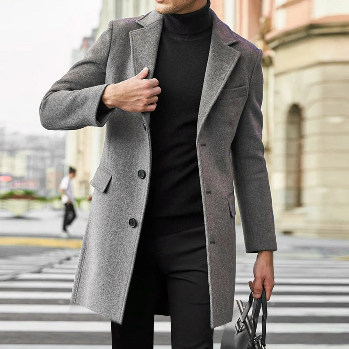 Men's Mid Length Notched Lapel Overcoat - VibreMode