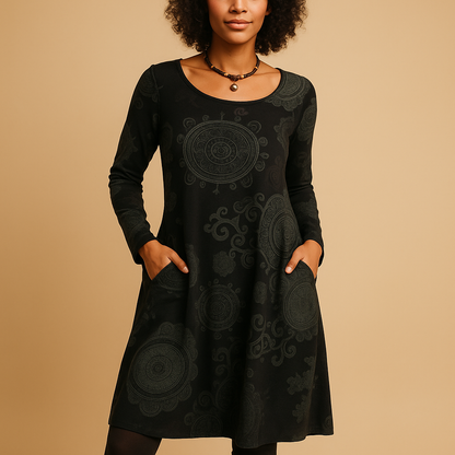 Bohemian maxi dress for women with long sleeves and loose flowing fit, ideal for casual outings, relaxed evenings, and everyday boho style.