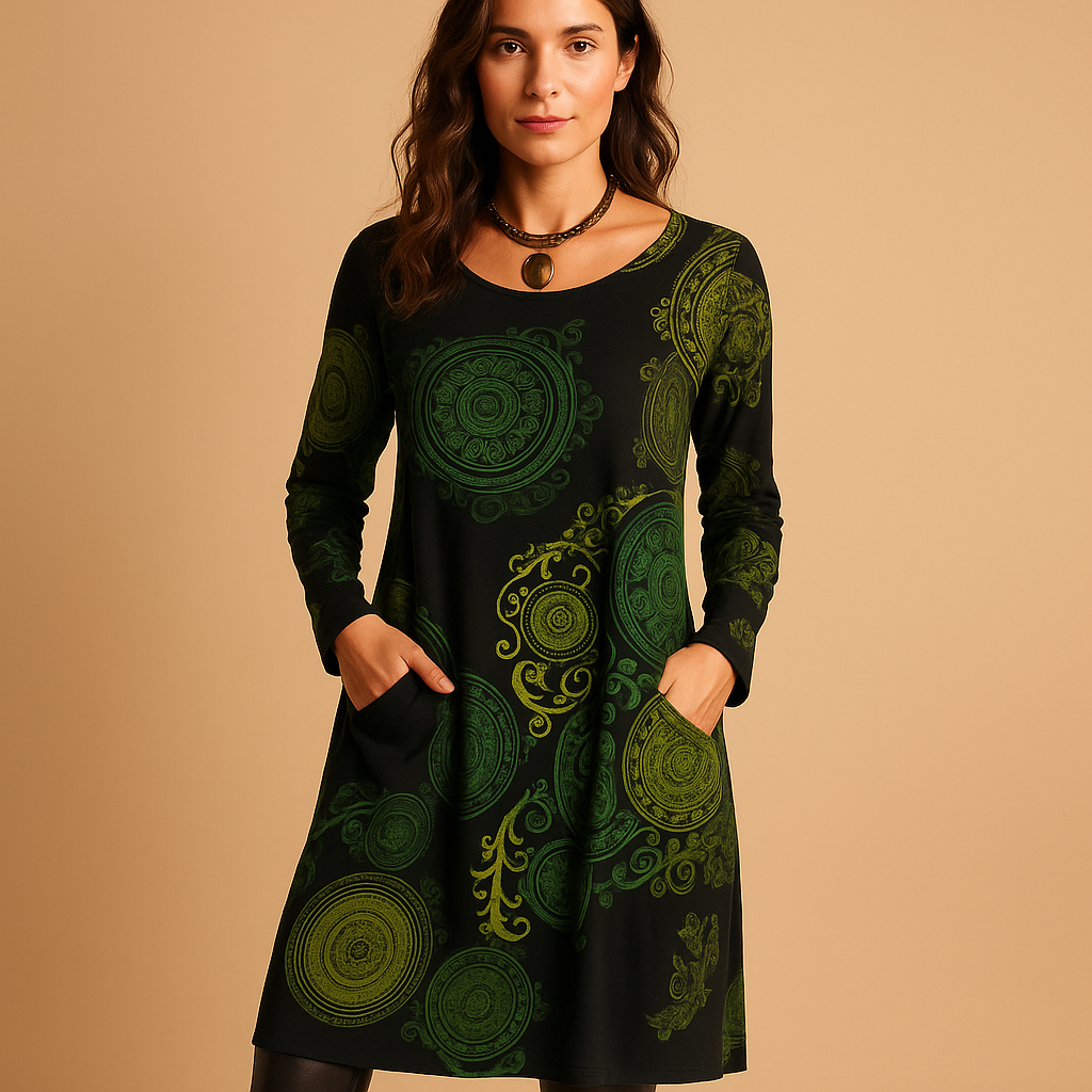 Bohemian maxi dress for women with long sleeves and loose flowing fit, ideal for casual outings, relaxed evenings, and everyday boho style.