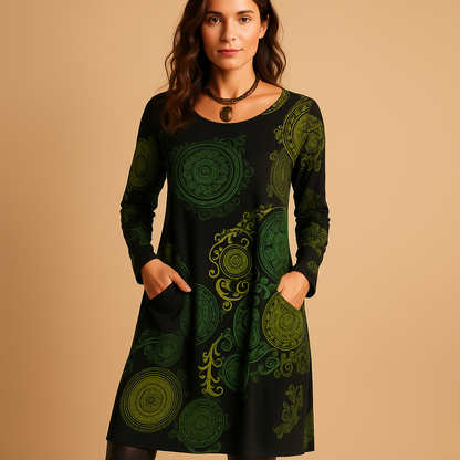 Bohemian maxi dress for women with long sleeves and loose flowing fit, ideal for casual outings, relaxed evenings, and everyday boho style.