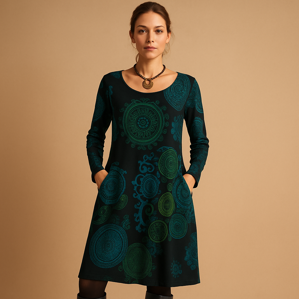 Bohemian maxi dress for women with long sleeves and loose flowing fit, ideal for casual outings, relaxed evenings, and everyday boho style.