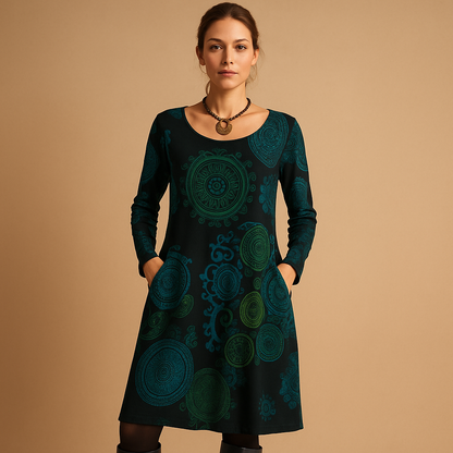 Bohemian maxi dress for women with long sleeves and loose flowing fit, ideal for casual outings, relaxed evenings, and everyday boho style.