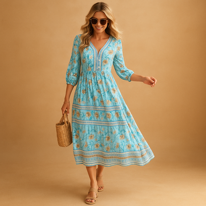 Bohemian summer dress for women with an airy loose fit and refined patterns, perfect for festivals, beach days, and casual summer outings.