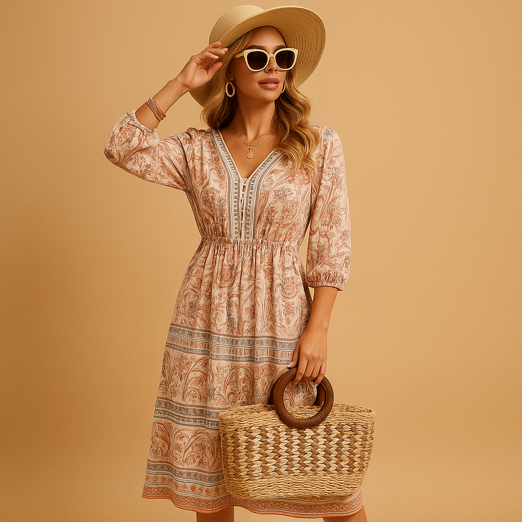 Bohemian summer dress for women with an airy loose fit and refined patterns, perfect for festivals, beach days, and casual summer outings.