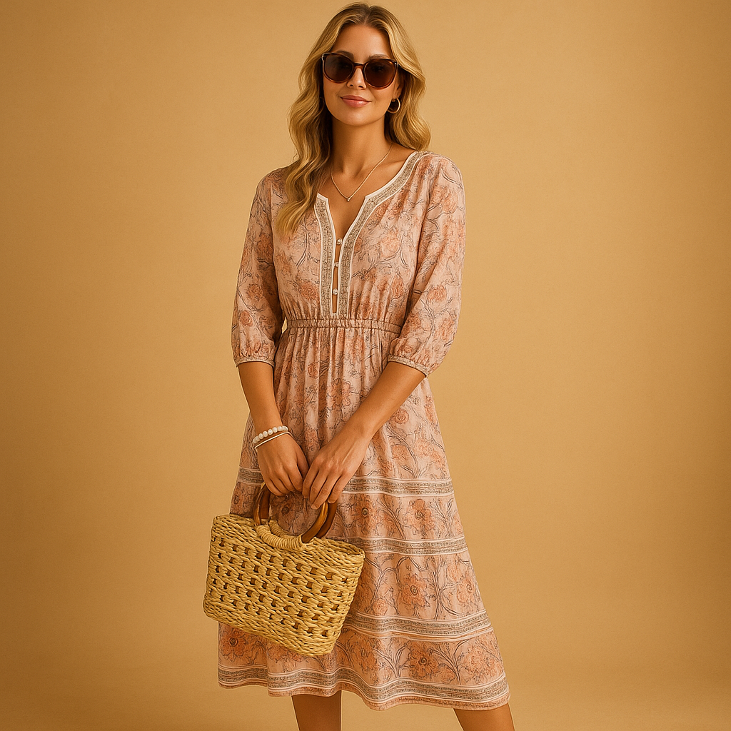 Bohemian summer dress for women with an airy loose fit and refined patterns, perfect for festivals, beach days, and casual summer outings.