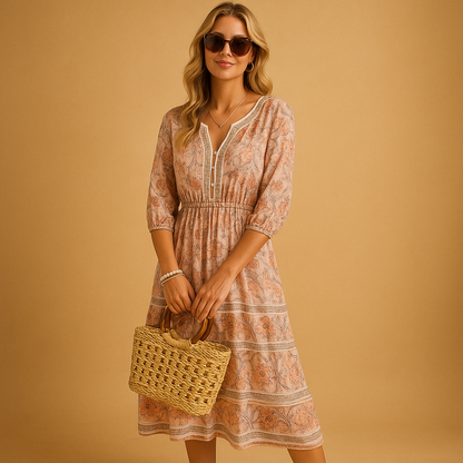 Bohemian summer dress for women with an airy loose fit and refined patterns, perfect for festivals, beach days, and casual summer outings.