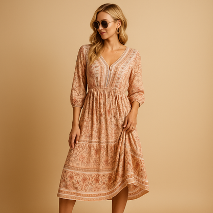 Bohemian summer dress for women with an airy loose fit and refined patterns, perfect for festivals, beach days, and casual summer outings.