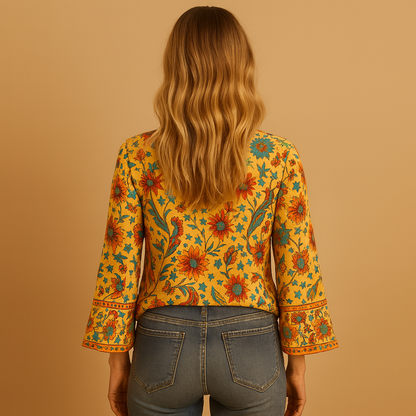 Boho-style women’s floral blouse with flared sleeves and a standing collar, ideal for casual outfits or festive spring and summer occasions.