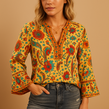 Women's Floral Blouse Flared Sleeves - VibreMode