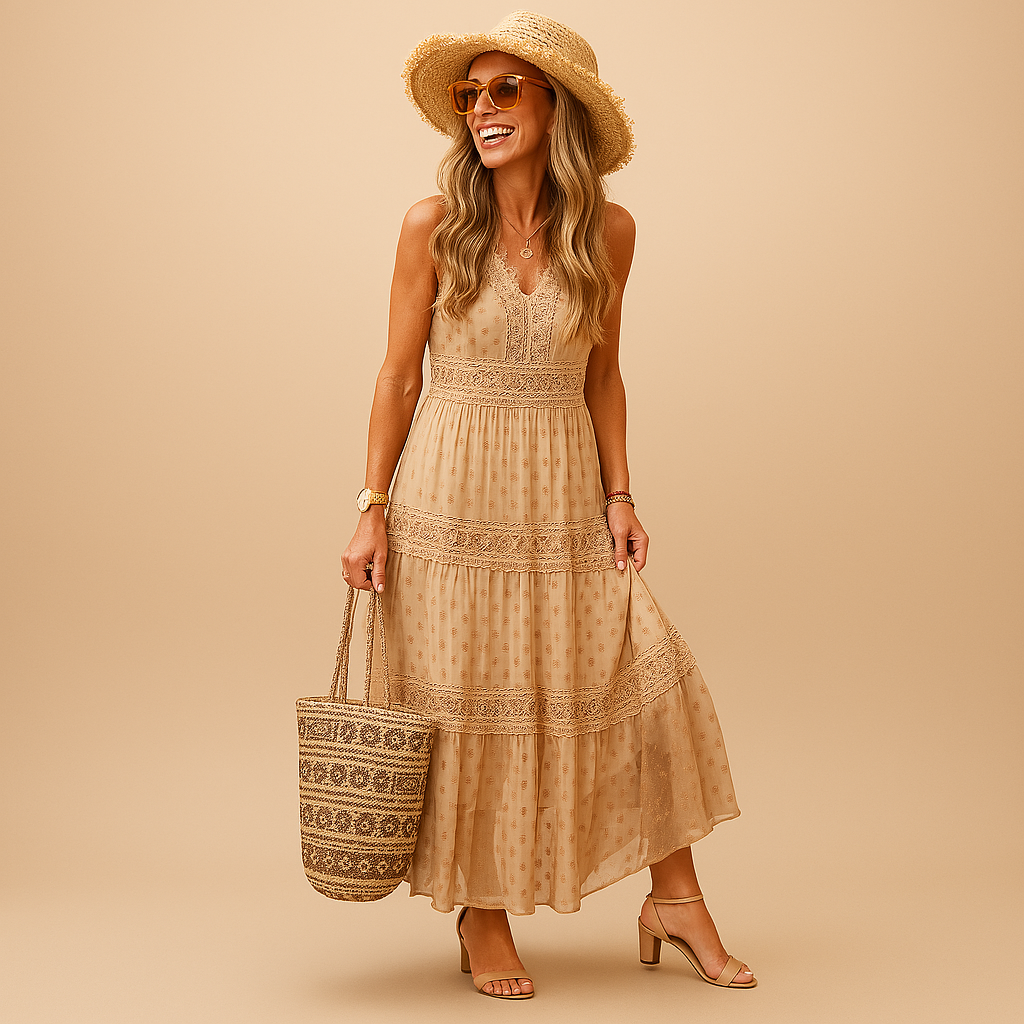 Women’s boho summer dress with airy fit and Ibiza-inspired style, perfect for festivals, beach days, vacations, and relaxed summer outfits.