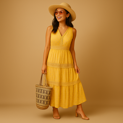 Women’s boho summer dress with airy fit and Ibiza-inspired style, perfect for festivals, beach days, vacations, and relaxed summer outfits.
