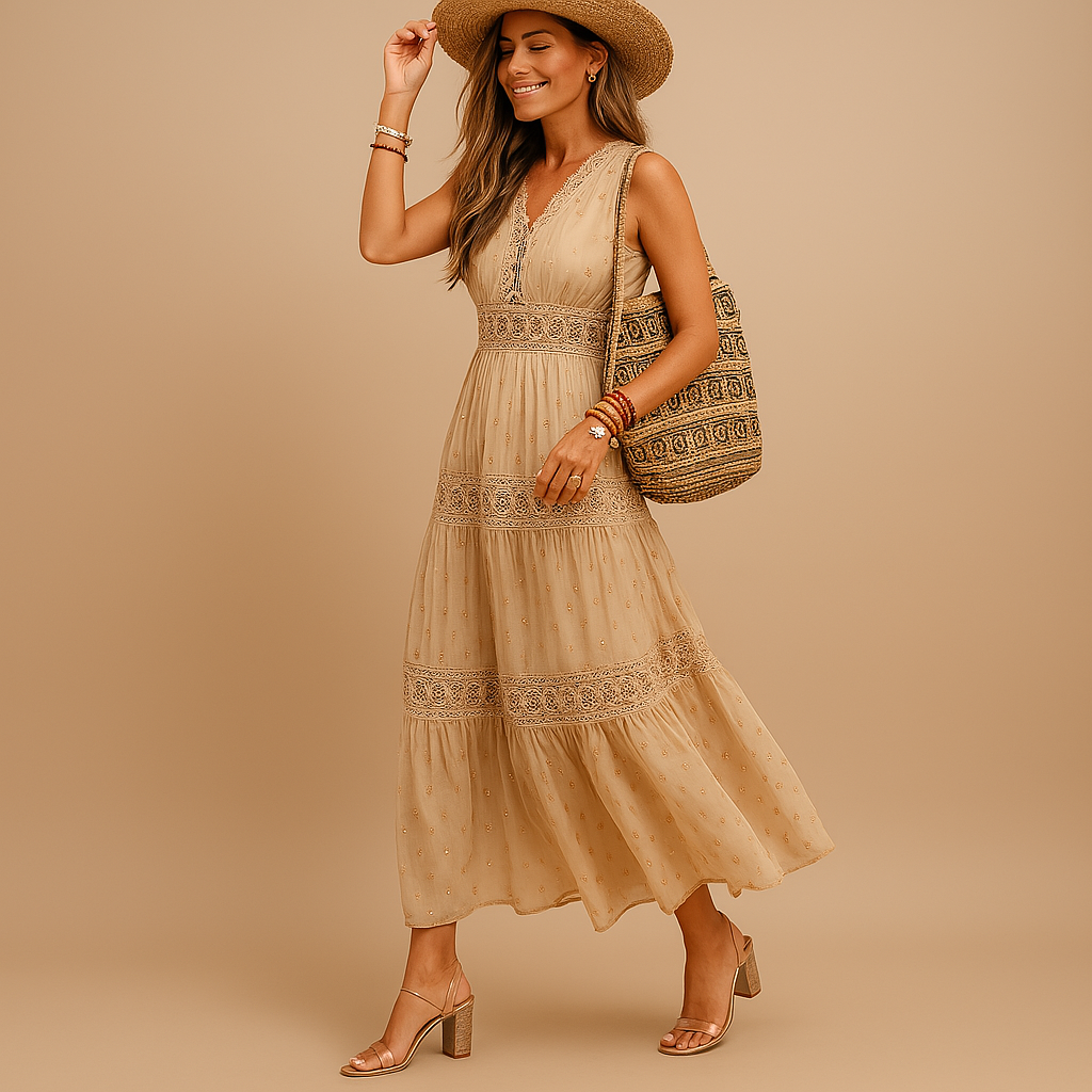 Women’s boho summer dress with airy fit and Ibiza-inspired style, perfect for festivals, beach days, vacations, and relaxed summer outfits.